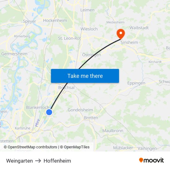 Weingarten to Hoffenheim map