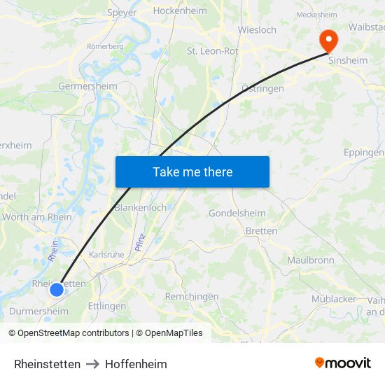 Rheinstetten to Hoffenheim map