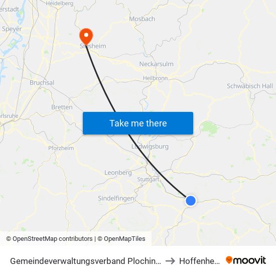 Gemeindeverwaltungsverband Plochingen to Hoffenheim map