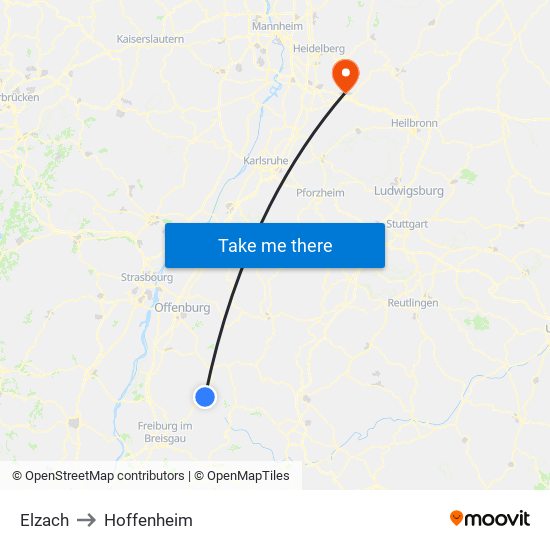 Elzach to Hoffenheim map