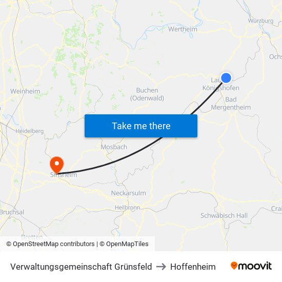 Verwaltungsgemeinschaft Grünsfeld to Hoffenheim map