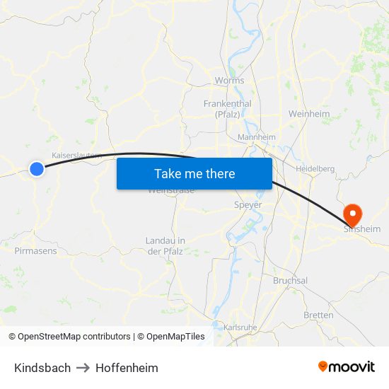 Kindsbach to Hoffenheim map