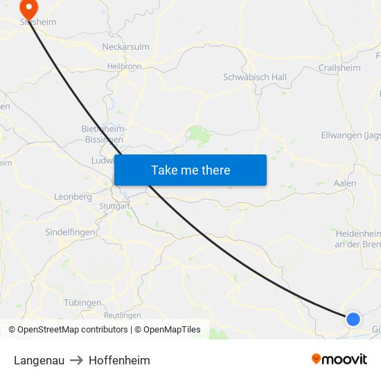 Langenau to Hoffenheim map