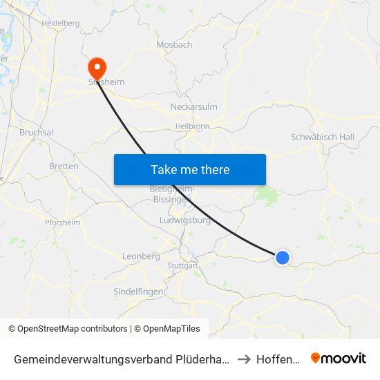 Gemeindeverwaltungsverband Plüderhausen-Urbach to Hoffenheim map