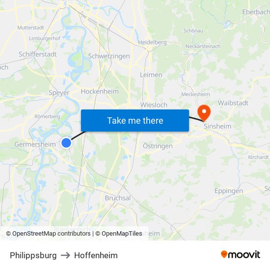 Philippsburg to Hoffenheim map