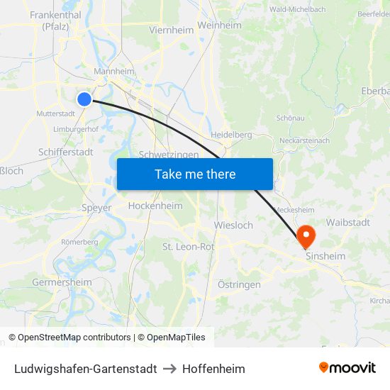 Ludwigshafen-Gartenstadt to Hoffenheim map