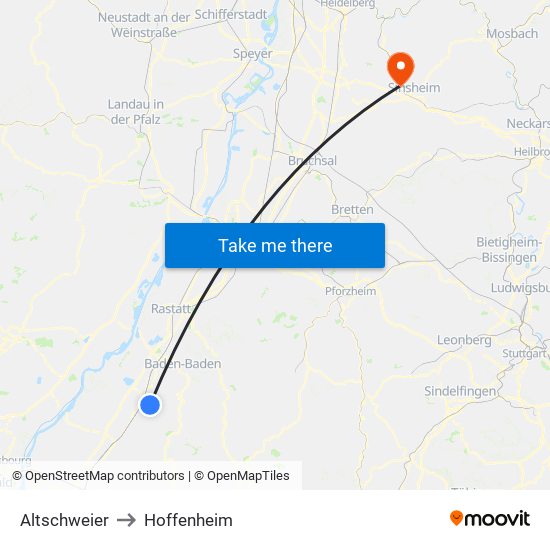 Altschweier to Hoffenheim map