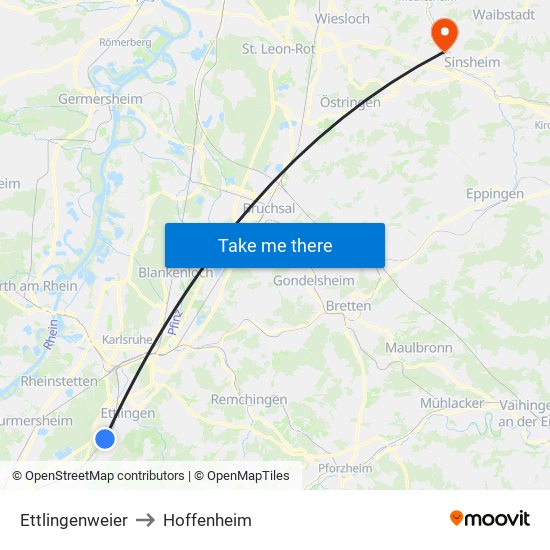 Ettlingenweier to Hoffenheim map