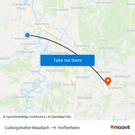 Ludwigshafen-Maudach to Hoffenheim map