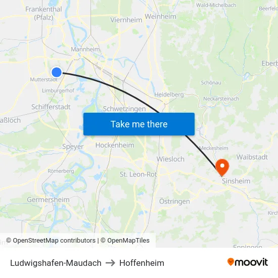 Ludwigshafen-Maudach to Hoffenheim map