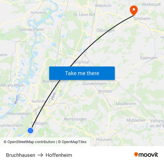 Bruchhausen to Hoffenheim map