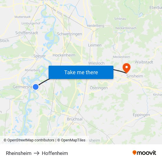 Rheinsheim to Hoffenheim map