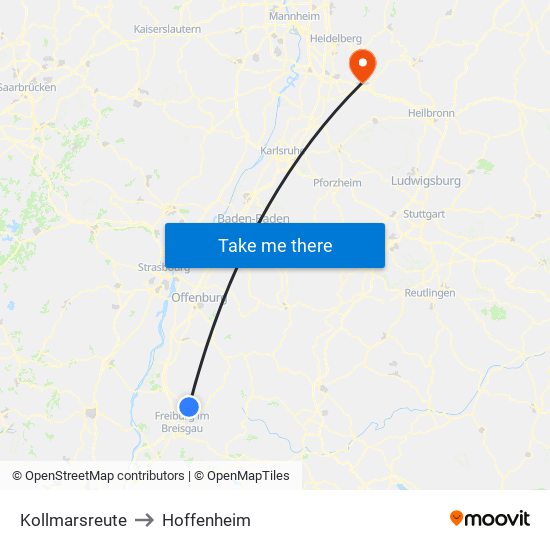 Kollmarsreute to Hoffenheim map