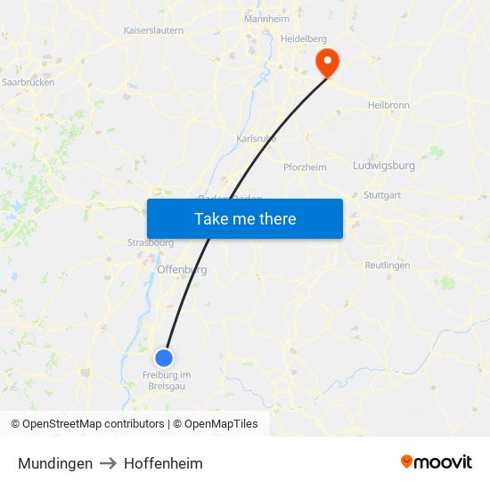 Mundingen to Hoffenheim map