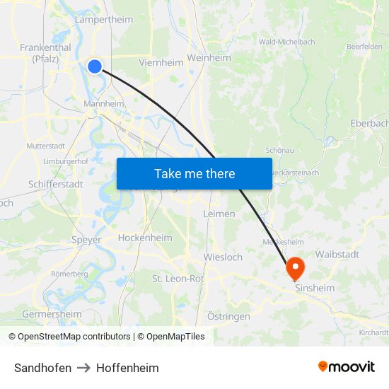 Sandhofen to Hoffenheim map