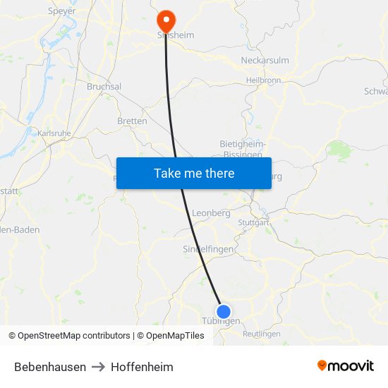 Bebenhausen to Hoffenheim map