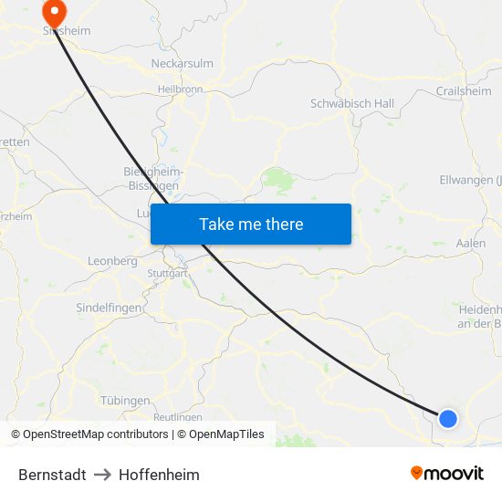 Bernstadt to Hoffenheim map