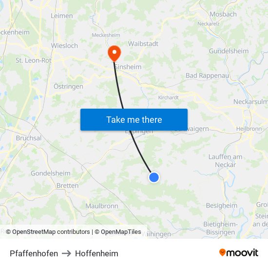 Pfaffenhofen to Hoffenheim map