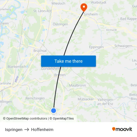 Ispringen to Hoffenheim map