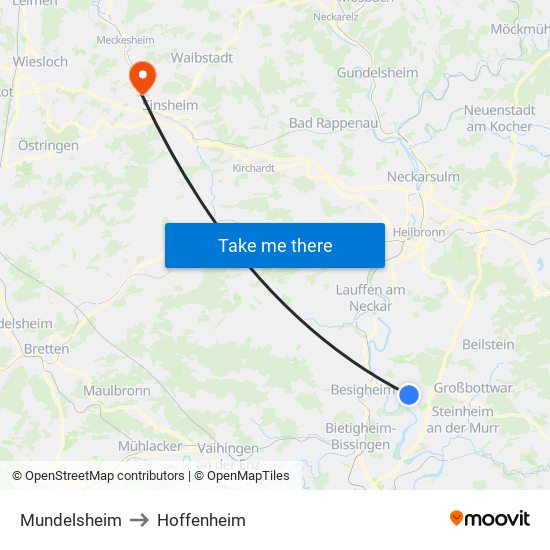 Mundelsheim to Hoffenheim map