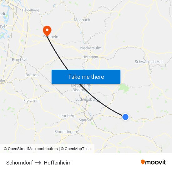 Schorndorf to Hoffenheim map