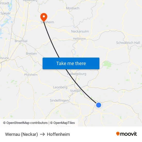 Wernau (Neckar) to Hoffenheim map