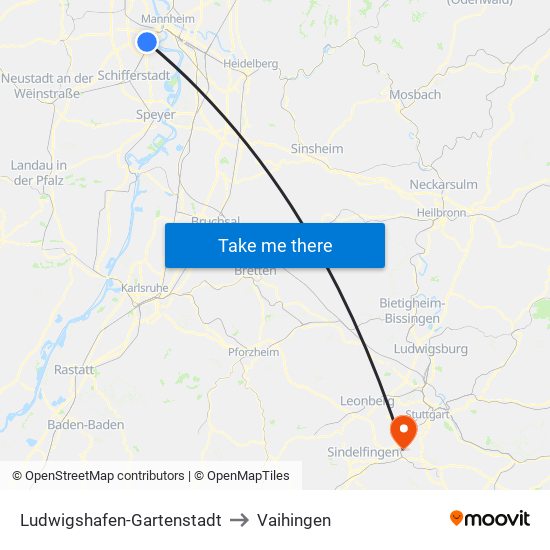 Ludwigshafen-Gartenstadt to Vaihingen map