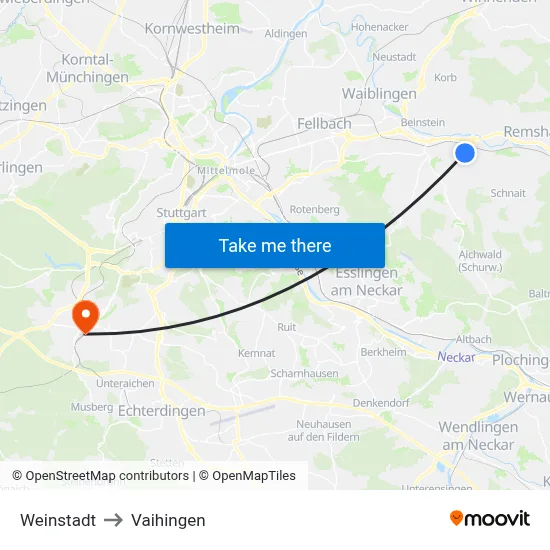 Weinstadt to Vaihingen map