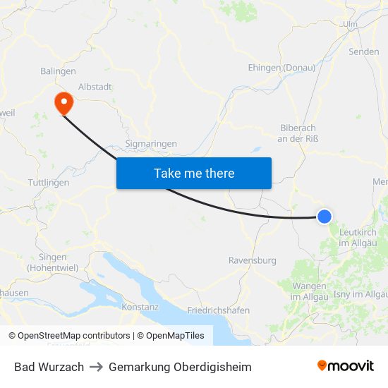 Bad Wurzach to Gemarkung Oberdigisheim map