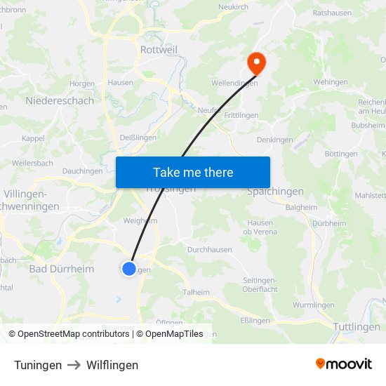 Tuningen to Wilflingen map