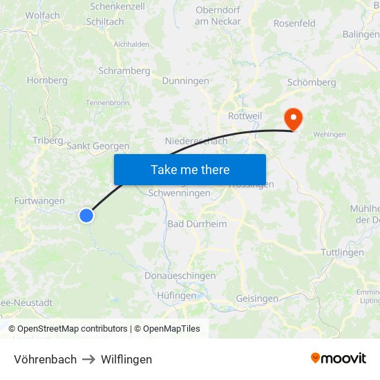 Vöhrenbach to Wilflingen map