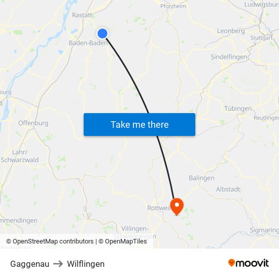 Gaggenau to Wilflingen map