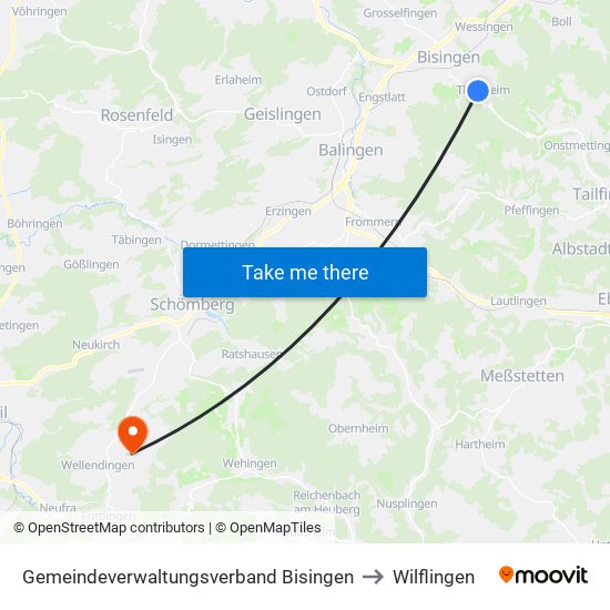 Gemeindeverwaltungsverband Bisingen to Wilflingen map