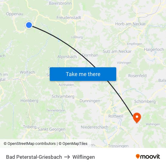 Bad Peterstal-Griesbach to Wilflingen map