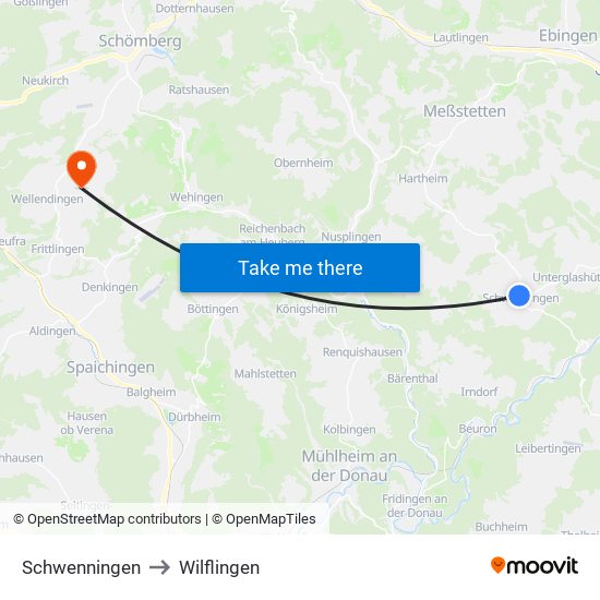 Schwenningen to Wilflingen map