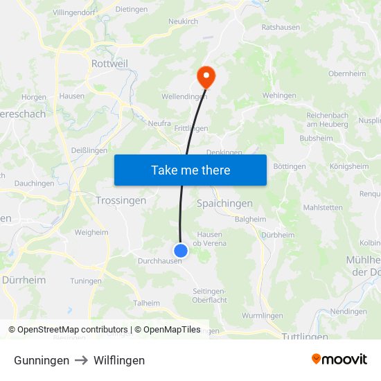 Gunningen to Wilflingen map