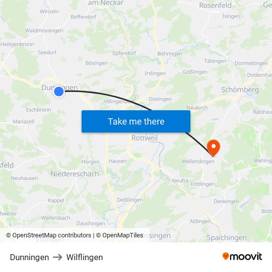 Dunningen to Wilflingen map
