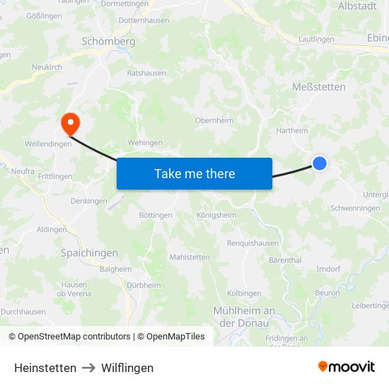 Heinstetten to Wilflingen map