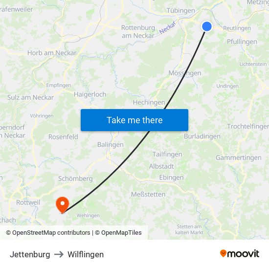 Jettenburg to Wilflingen map