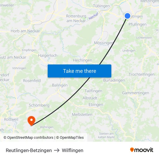 Reutlingen-Betzingen to Wilflingen map