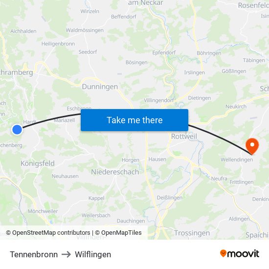 Tennenbronn to Wilflingen map