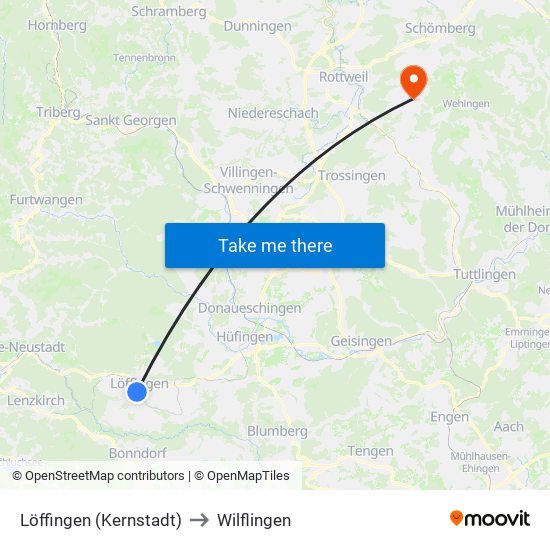 Löffingen (Kernstadt) to Wilflingen map