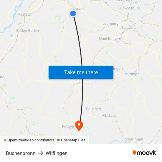 Büchenbronn to Wilflingen map