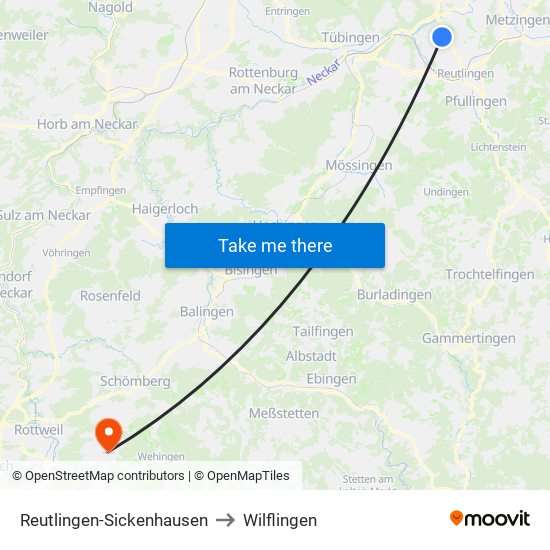 Reutlingen-Sickenhausen to Wilflingen map