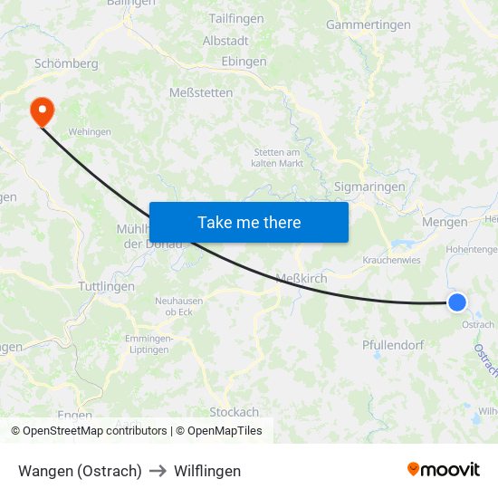 Wangen (Ostrach) to Wilflingen map