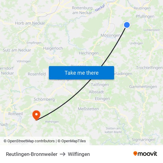 Reutlingen-Bronnweiler to Wilflingen map