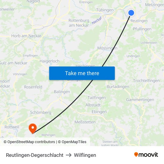 Reutlingen-Degerschlacht to Wilflingen map