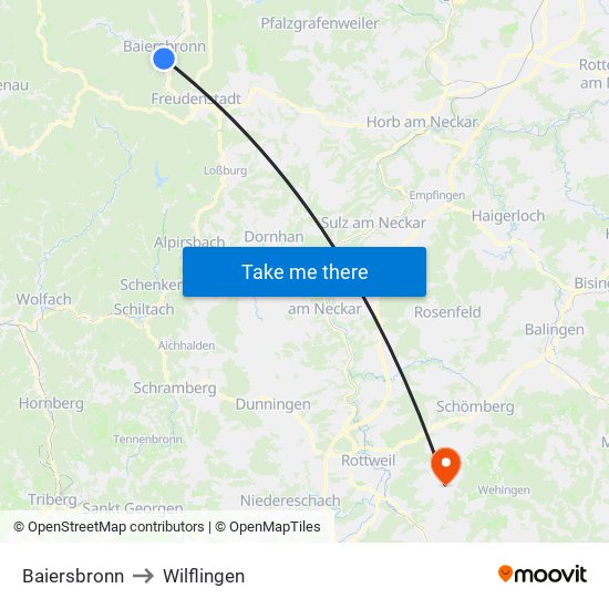 Baiersbronn to Wilflingen map