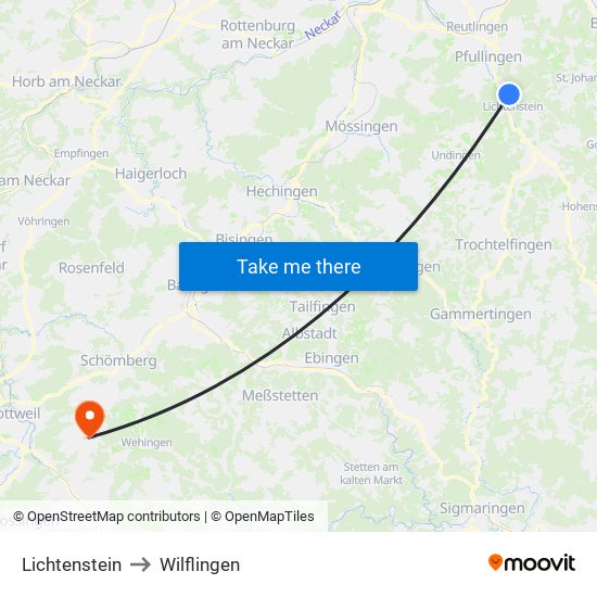 Lichtenstein to Wilflingen map