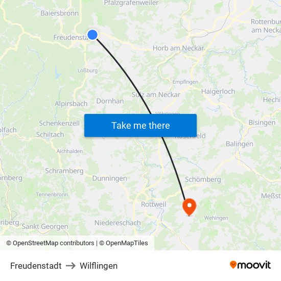 Freudenstadt to Wilflingen map